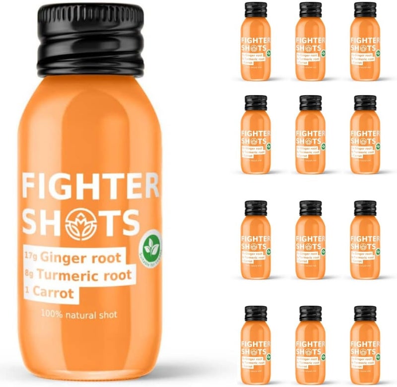 Fighter Shots Ginger Turmeric and Carrot Shots (Vegan/12x60ml) | Fresh & Fiery Ginger Shots for Immune Support | Boosts Energy | 100% Natural/No Nasties | Rich in Antioxidants | Packed with Vitamin C - Image 1